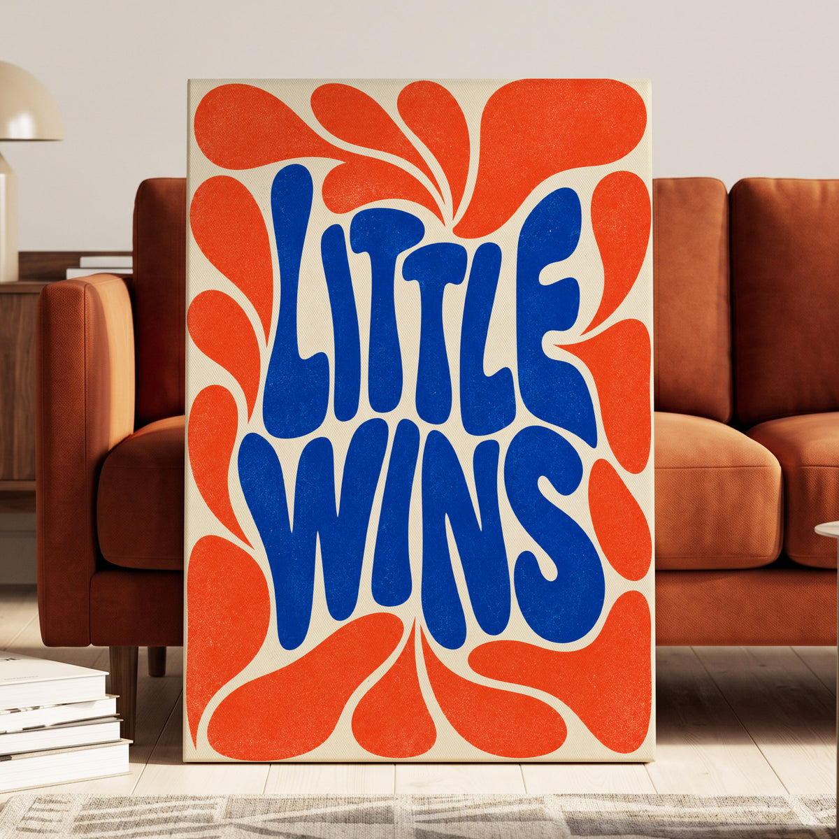 Little Wins in Motion, blue, orange, beige abstract wall art on canvas displayed in a styled interior, gallery view 1