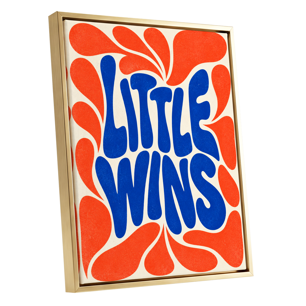 Little Wins in Motion, blue, orange, beige abstract wall art shown as a gold framed canvas wall art