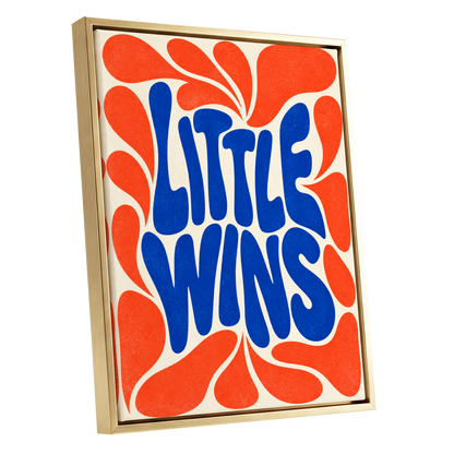 Little Wins in Motion, blue, orange, beige abstract wall art shown as a gold framed canvas wall art
