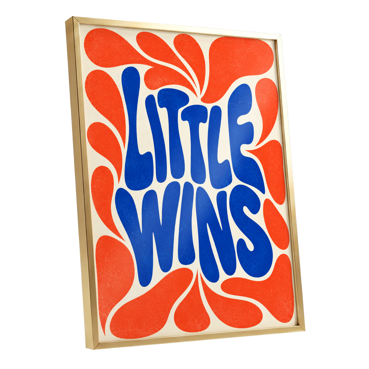 Little Wins in Motion, blue, orange, beige abstract wall art shown as a gold framed poster wall art print