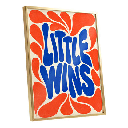 Little Wins in Motion, blue, orange, beige abstract wall art shown as a gold framed poster wall art print