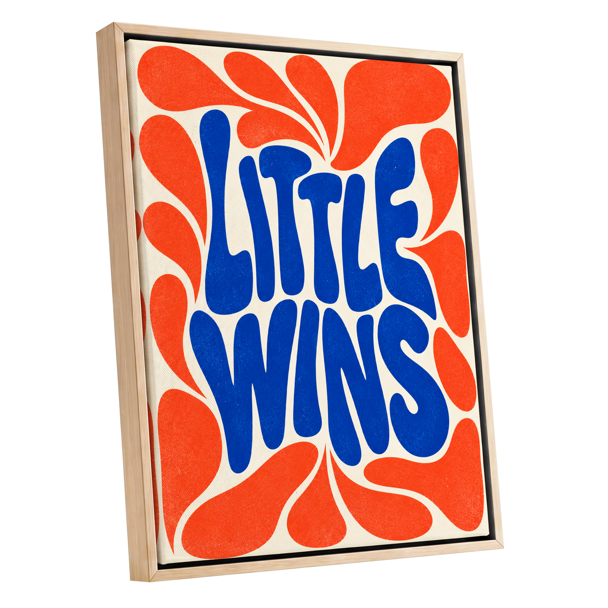 Little Wins in Motion, blue, orange, beige abstract wall art shown as a oak framed canvas wall art