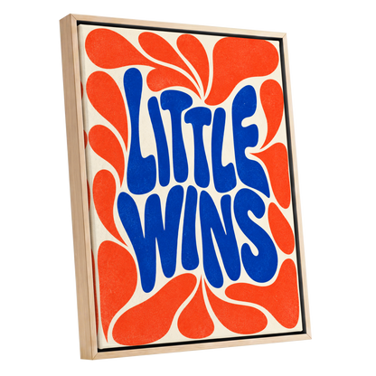 Little Wins in Motion, blue, orange, beige abstract wall art shown as a oak framed canvas wall art