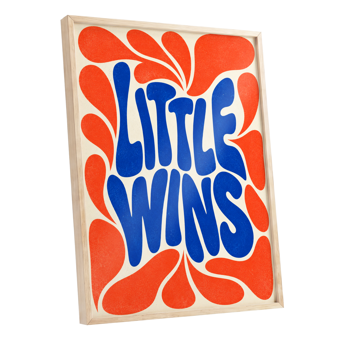 Little Wins in Motion, blue, orange, beige abstract wall art shown as a oak framed poster wall art print