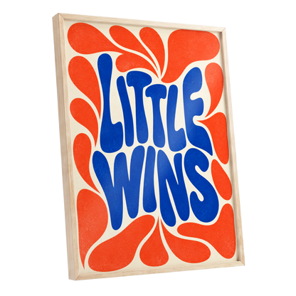 Little Wins in Motion, blue, orange, beige abstract wall art shown as a oak framed poster wall art print