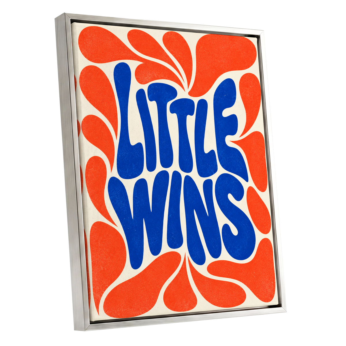 Little Wins in Motion, blue, orange, beige abstract wall art shown as a silver framed canvas wall art