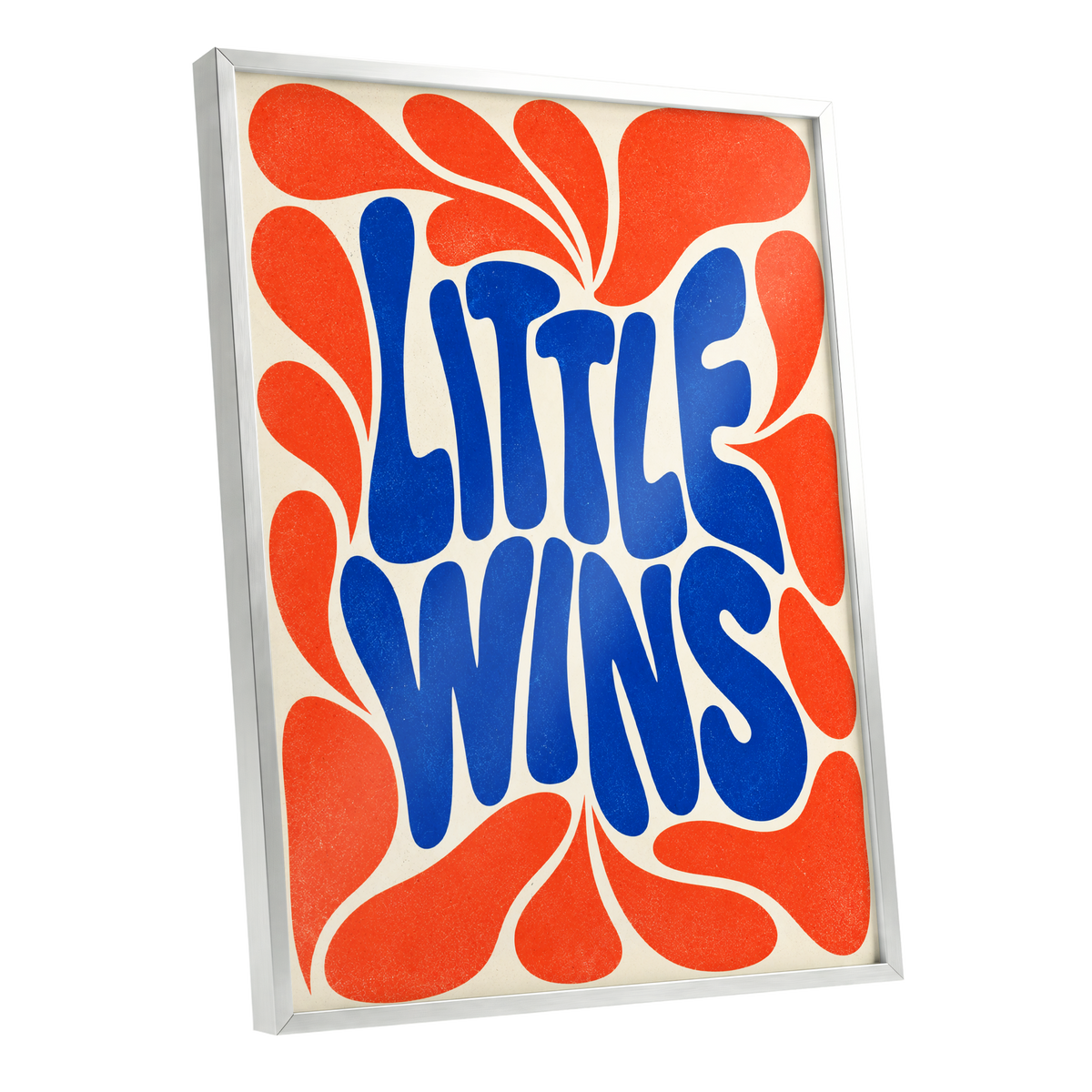 Little Wins in Motion, blue, orange, beige abstract wall art shown as a silver framed poster wall art print