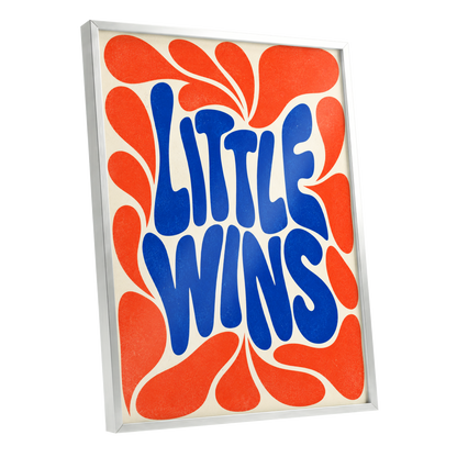 Little Wins in Motion, blue, orange, beige abstract wall art shown as a silver framed poster wall art print