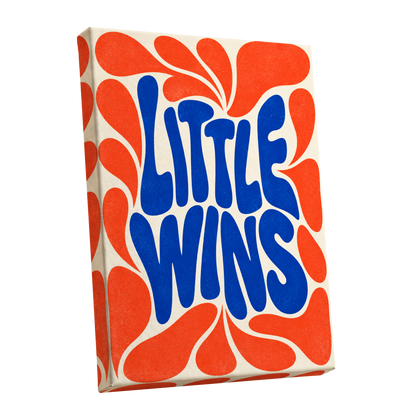 Little Wins in Motion, blue, orange, beige abstract wall art shown as a stretched canvas wall art