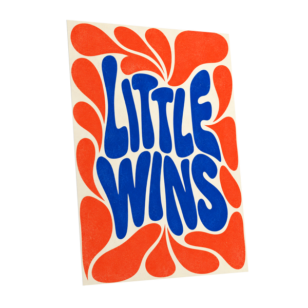 Little Wins in Motion, blue, orange, beige abstract wall art shown as a unframed poster wall art print