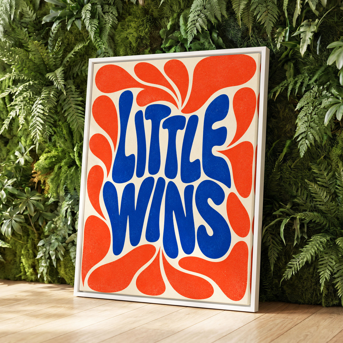 Little Wins in Motion, blue, orange, beige abstract wall art displayed in a styled interior, gallery view 1