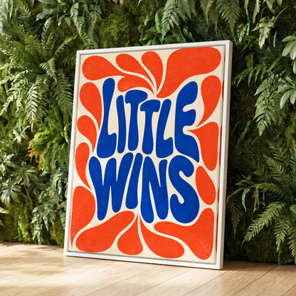 Little Wins in Motion, blue, orange, beige abstract wall art displayed in a styled interior, gallery view 1