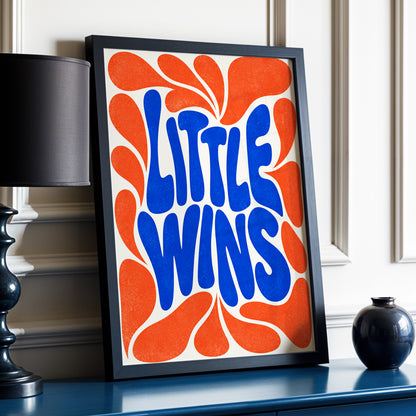 Little Wins in Motion, blue, orange, beige abstract wall art displayed in a styled interior, gallery view 2