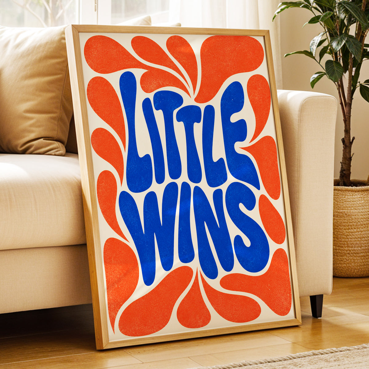 Little Wins in Motion, blue, orange, beige abstract wall art displayed in a styled interior, gallery view 3