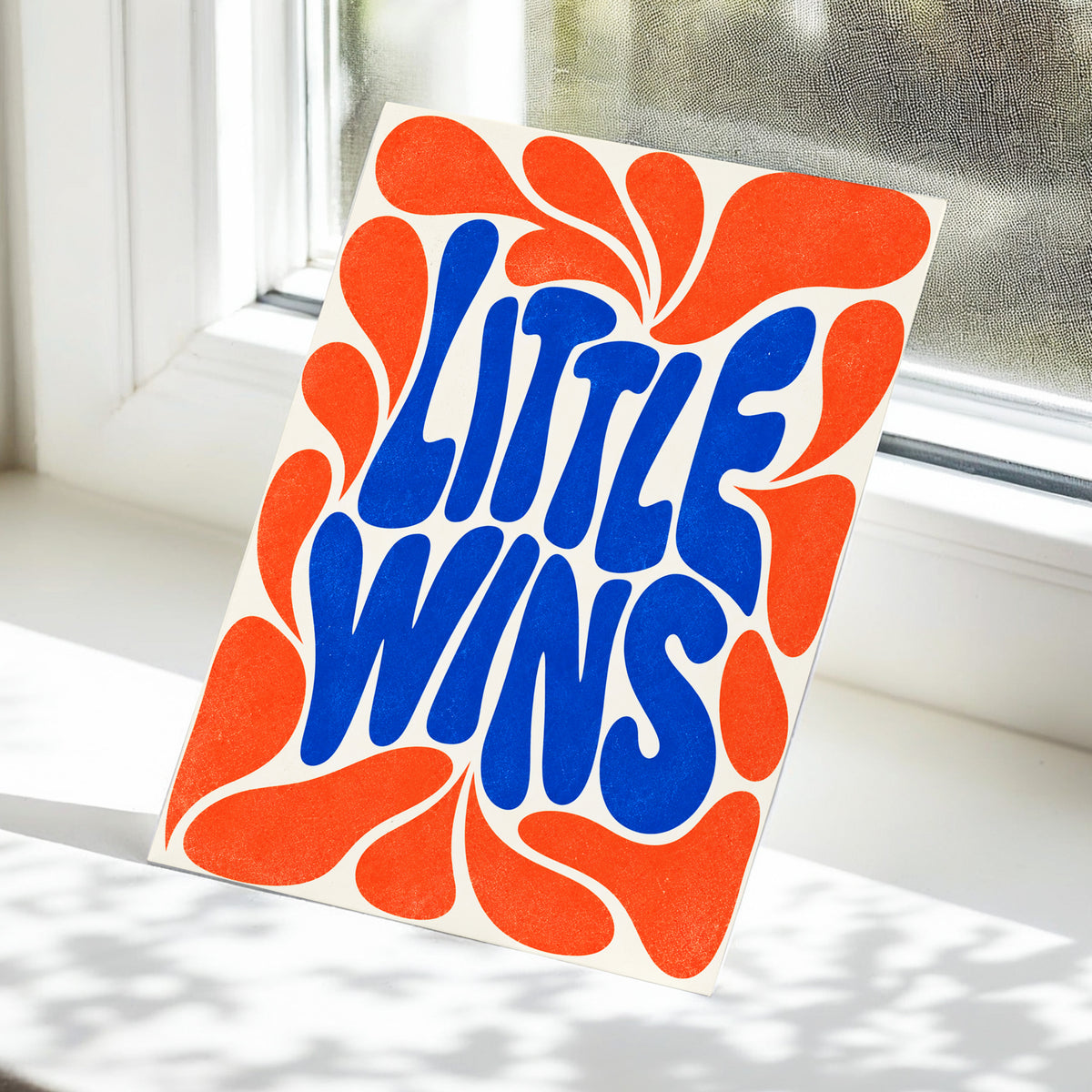 Little Wins in Motion, blue, orange, beige abstract wall art displayed in a styled interior, gallery view 4