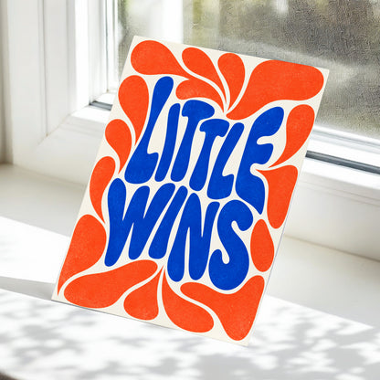 Little Wins in Motion, blue, orange, beige abstract wall art displayed in a styled interior, gallery view 4