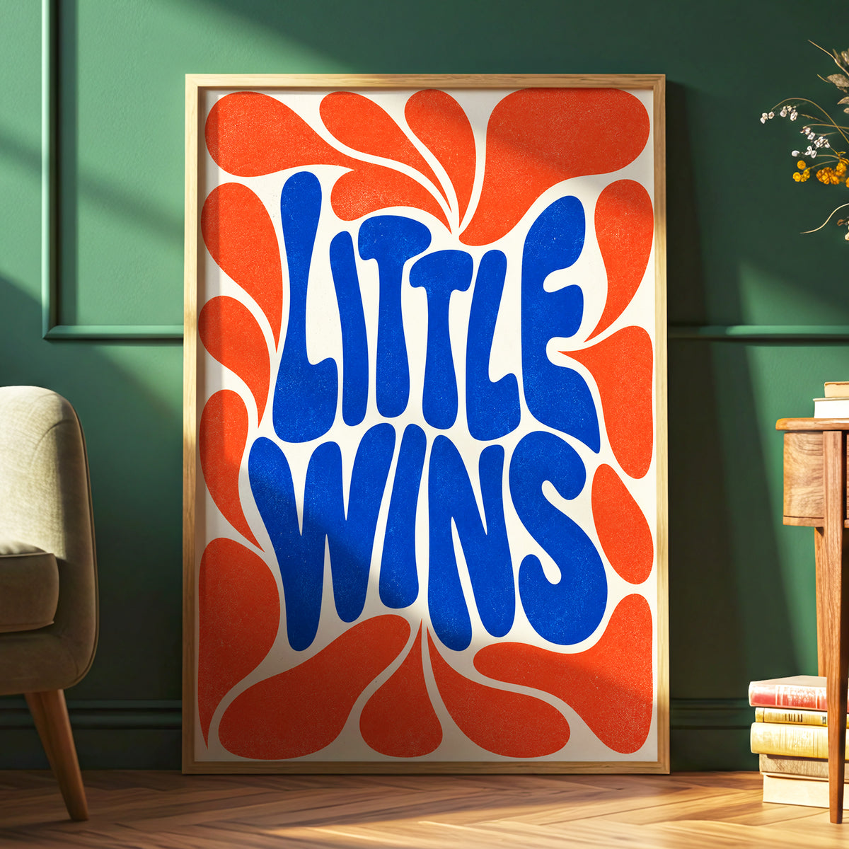 Little Wins in Motion, blue, orange, beige abstract wall art displayed in a styled interior, gallery view 6