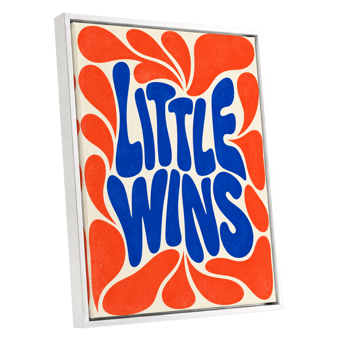Little Wins in Motion, blue, orange, beige abstract wall art shown as a white framed canvas wall art