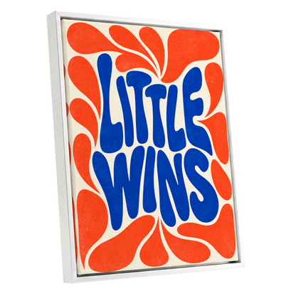 Little Wins in Motion, blue, orange, beige abstract wall art shown as a white framed canvas wall art