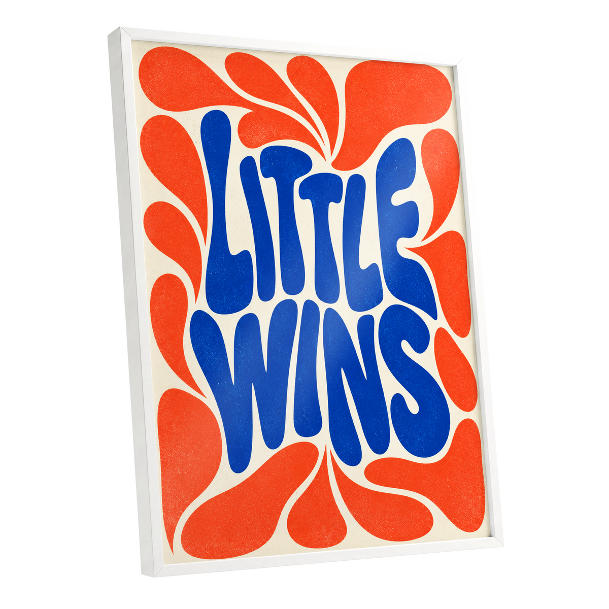 Little Wins in Motion, blue, orange, beige abstract wall art shown as a white framed poster wall art print