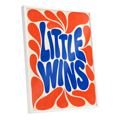 Little Wins in Motion, blue, orange, beige abstract wall art shown as a white framed poster wall art print