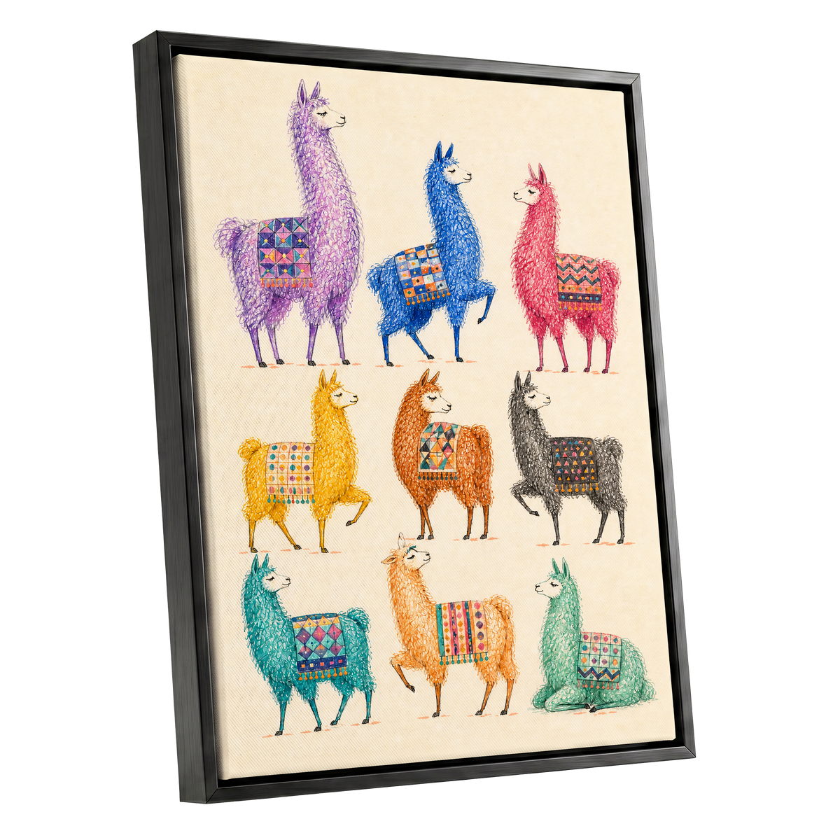 Llama Colour Parade, multicolor, beige, purple nature wall art shown as a black framed canvas wall art