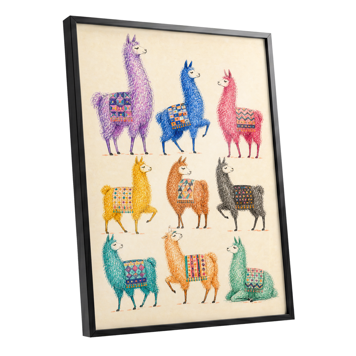 Llama Colour Parade, multicolor, beige, purple nature wall art shown as a black framed poster wall art print