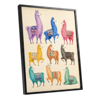 Llama Colour Parade, multicolor, beige, purple nature wall art shown as a black framed poster wall art print
