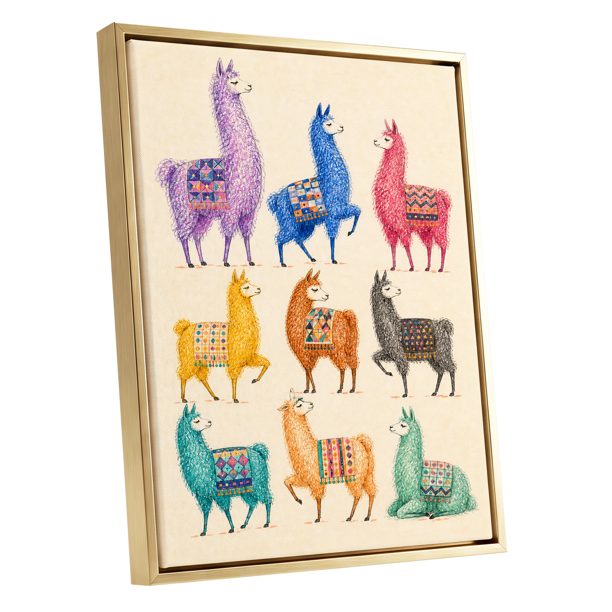 Llama Colour Parade, multicolor, beige, purple nature wall art shown as a gold framed canvas wall art