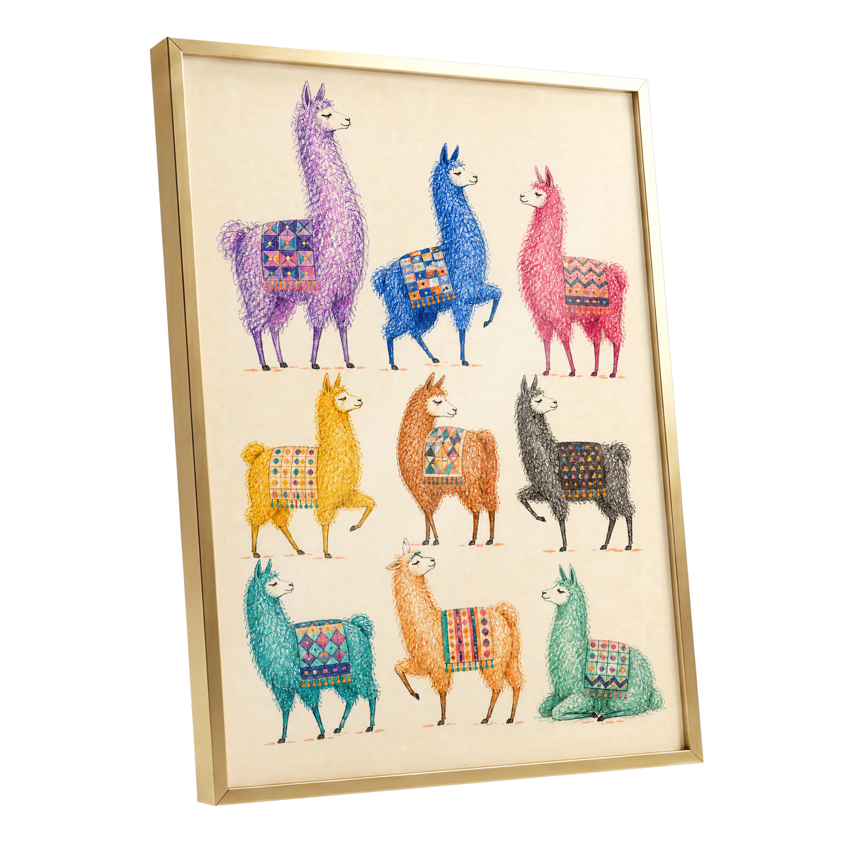 Llama Colour Parade, multicolor, beige, purple nature wall art shown as a gold framed poster wall art print