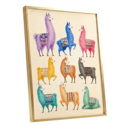 Llama Colour Parade, multicolor, beige, purple nature wall art shown as a gold framed poster wall art print