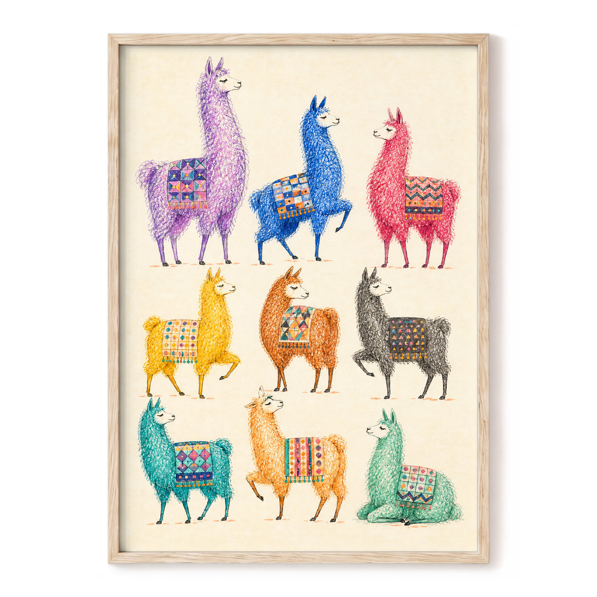 Llama Colour Parade, multicolor, beige, purple nature wall art, front artwork view