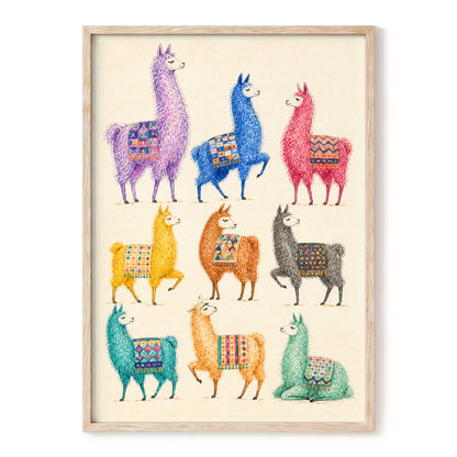 Llama Colour Parade, multicolor, beige, purple nature wall art, front artwork view