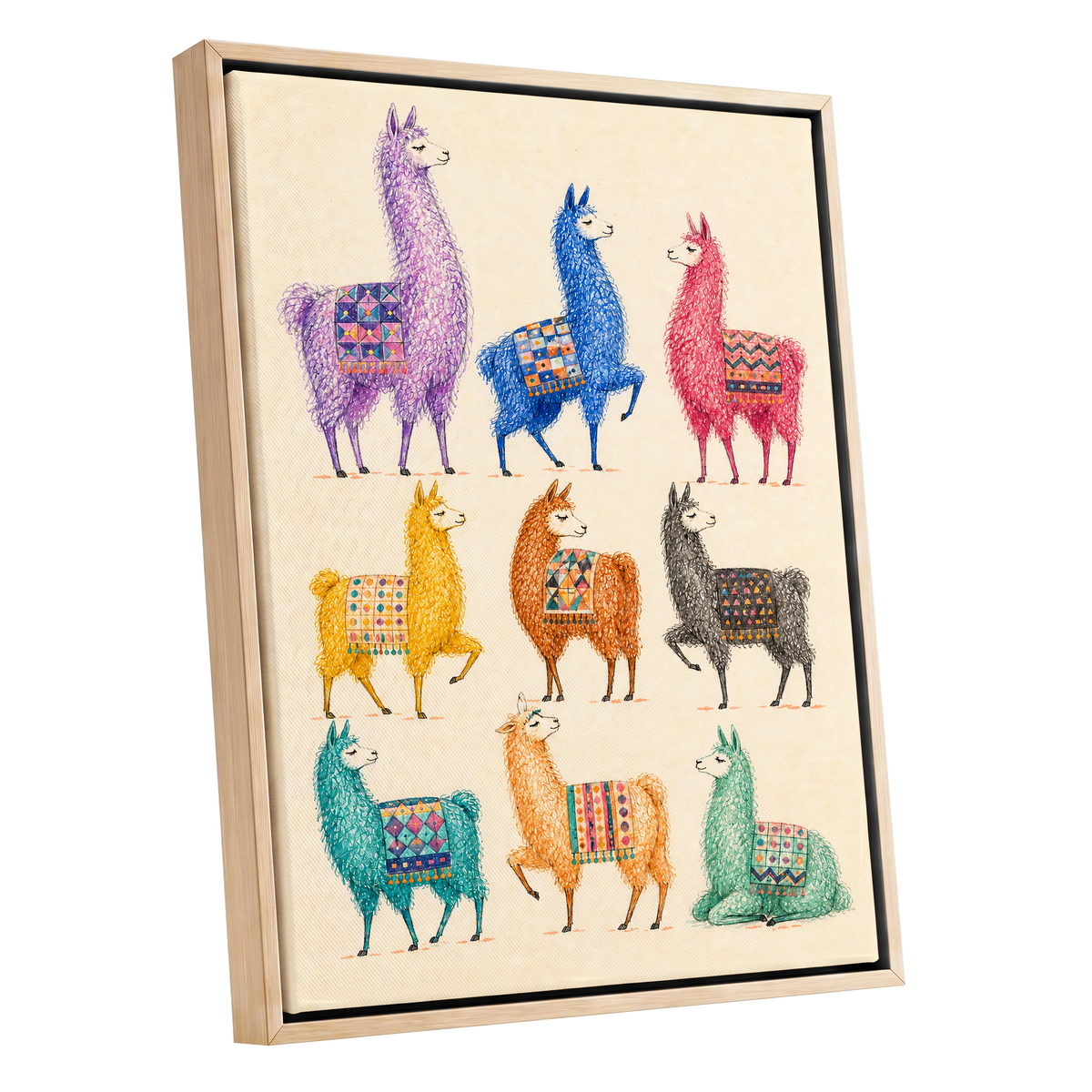 Llama Colour Parade, multicolor, beige, purple nature wall art shown as a oak framed canvas wall art