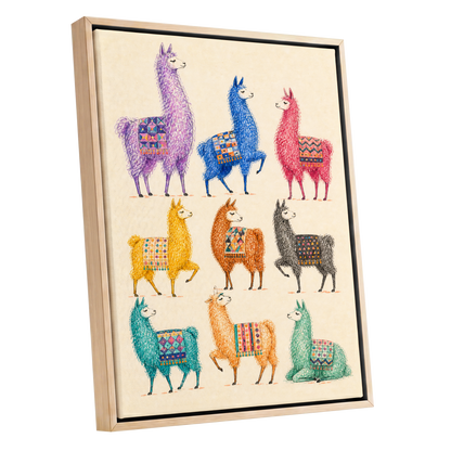 Llama Colour Parade, multicolor, beige, purple nature wall art shown as a oak framed canvas wall art