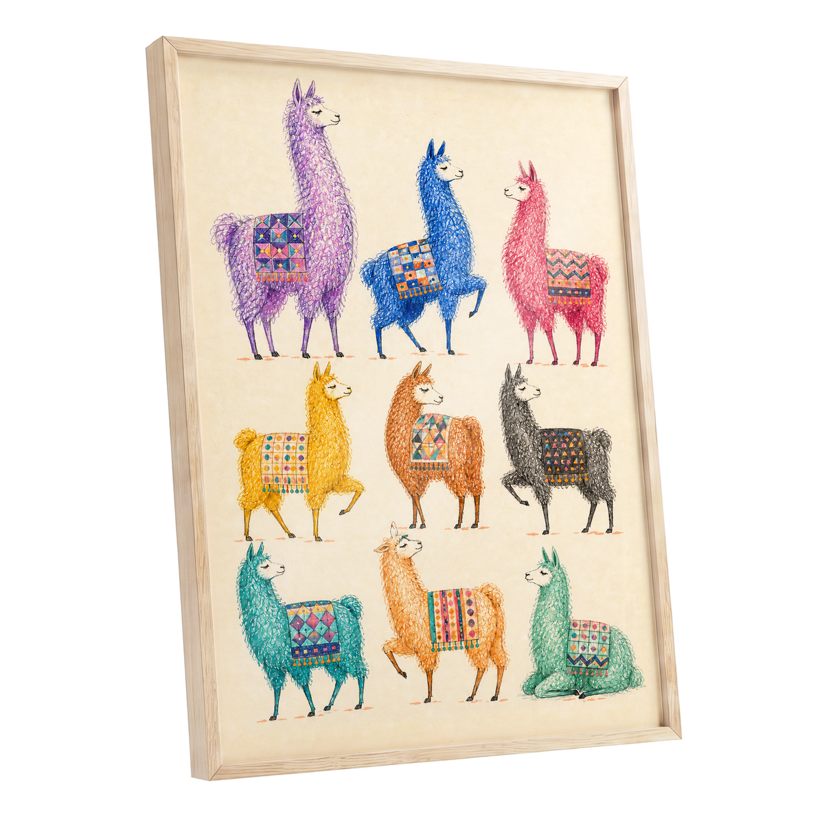 Llama Colour Parade, multicolor, beige, purple nature wall art shown as a oak framed poster wall art print