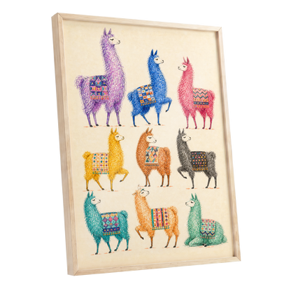 Llama Colour Parade, multicolor, beige, purple nature wall art shown as a oak framed poster wall art print