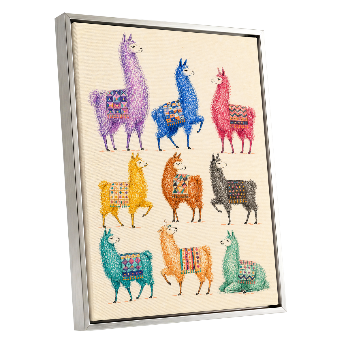 Llama Colour Parade, multicolor, beige, purple nature wall art shown as a silver framed canvas wall art