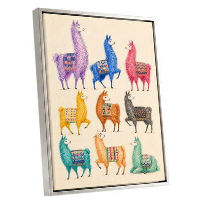 Llama Colour Parade, multicolor, beige, purple nature wall art shown as a silver framed canvas wall art