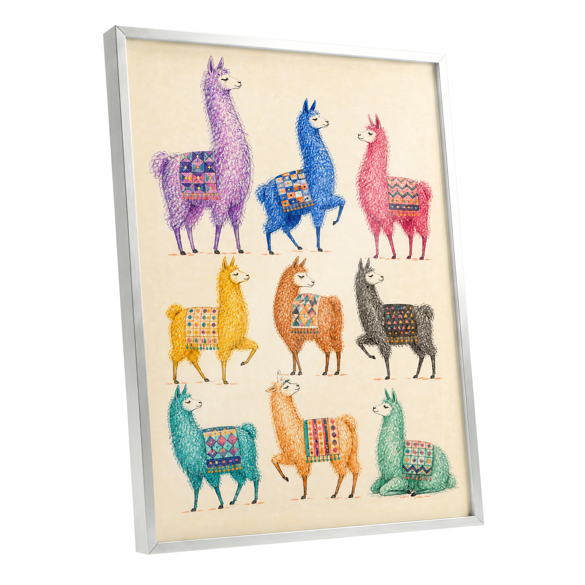 Llama Colour Parade, multicolor, beige, purple nature wall art shown as a silver framed poster wall art print