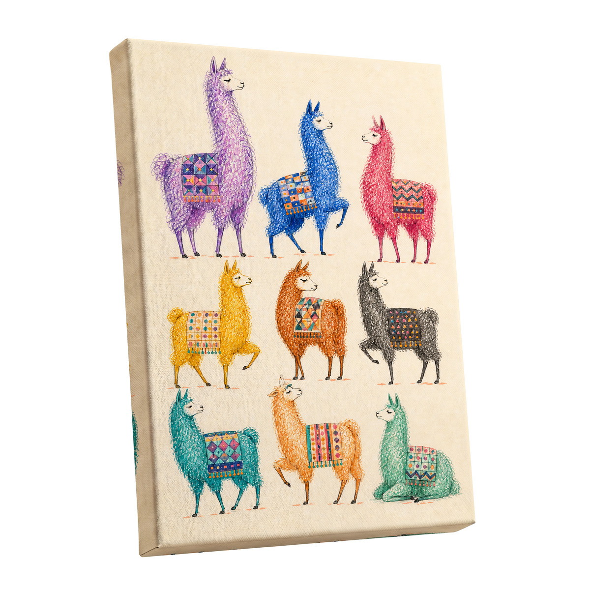 Llama Colour Parade, multicolor, beige, purple nature wall art shown as a stretched canvas wall art