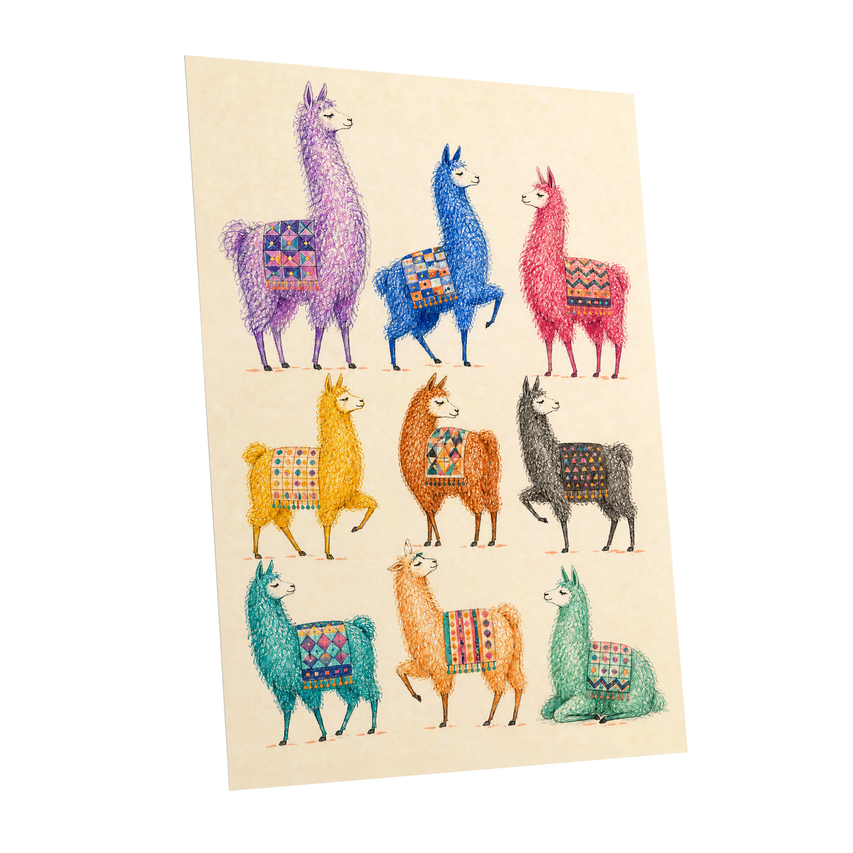 Llama Colour Parade, multicolor, beige, purple nature wall art shown as a unframed poster wall art print