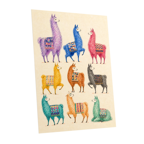 Llama Colour Parade, multicolor, beige, purple nature wall art shown as a unframed poster wall art print
