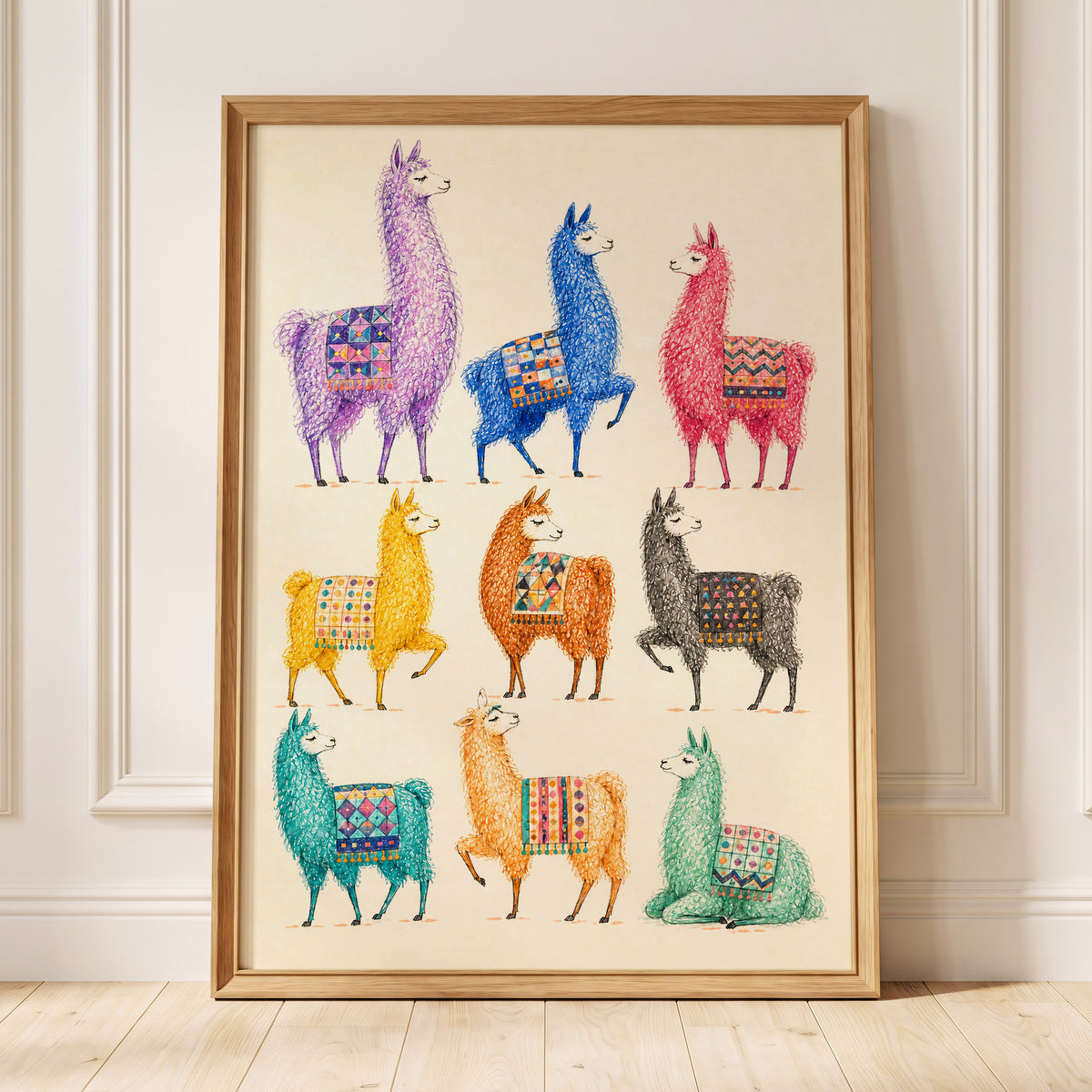 Llama Colour Parade, multicolor, beige, purple nature wall art displayed in a styled interior, gallery view 2