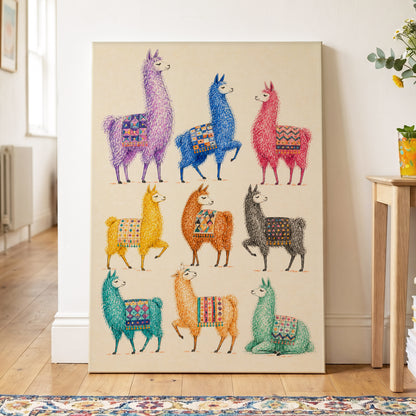 Llama Colour Parade, multicolor, beige, purple nature wall art displayed in a styled interior, gallery view 3