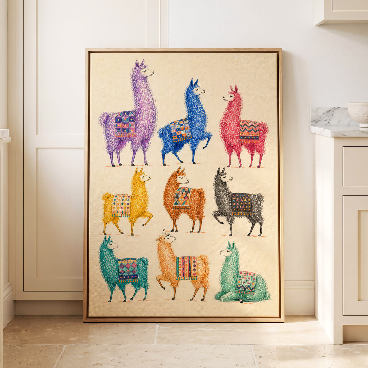 Llama Colour Parade, multicolor, beige, purple nature wall art displayed in a styled interior, gallery view 4