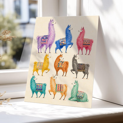 Llama Colour Parade, multicolor, beige, purple nature wall art displayed in a styled interior, gallery view 5