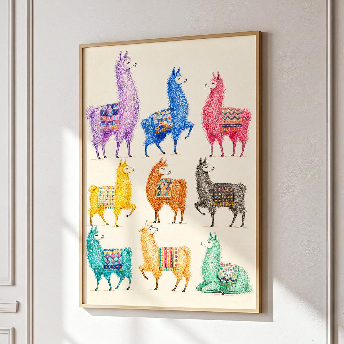 Llama Colour Parade, multicolor, beige, purple nature wall art displayed in a styled interior, gallery view 6