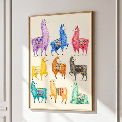 Llama Colour Parade, multicolor, beige, purple nature wall art displayed in a styled interior, gallery view 6