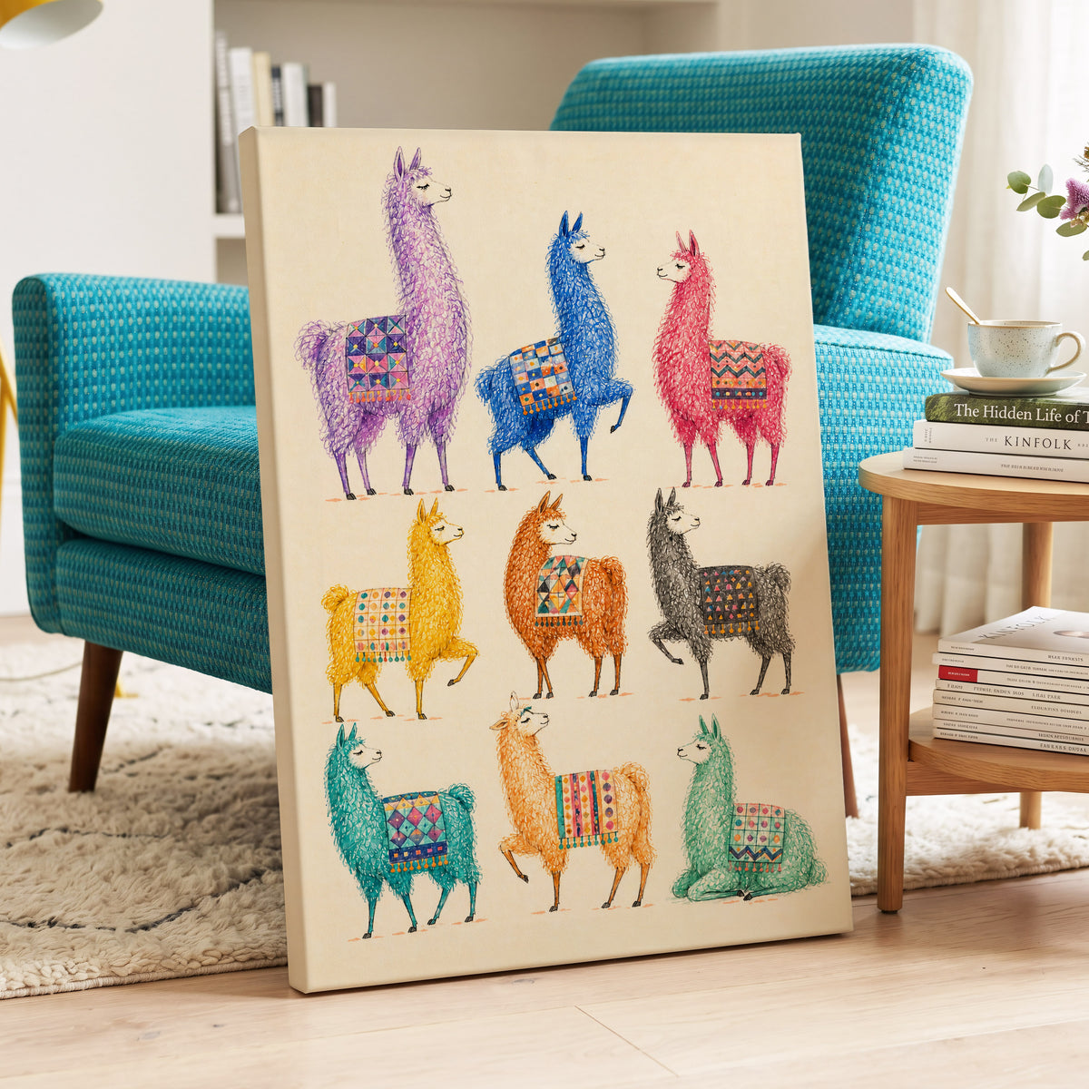 Llama Colour Parade, multicolor, beige, purple nature wall art displayed in a styled interior, gallery view 7